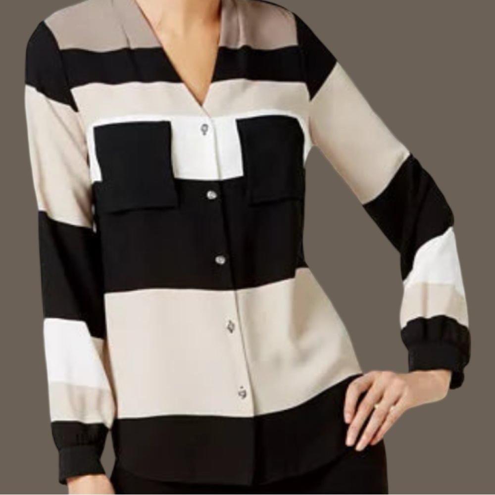 Striped Black, Tan, and White Blouse